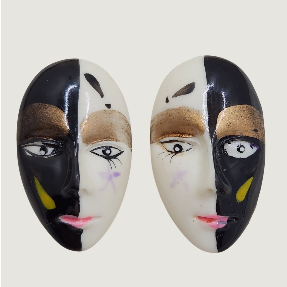 Vintage 1980s Porcelain Mask Earrings Black White Gold Pierrot Harlequin Studs